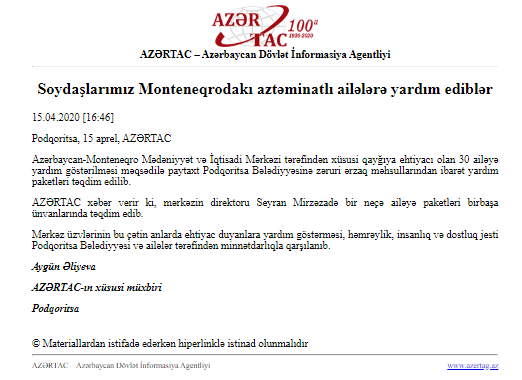Soydaşlarımız Monteneqrodakı aztəminatlı ailələrə yardım ediblər 